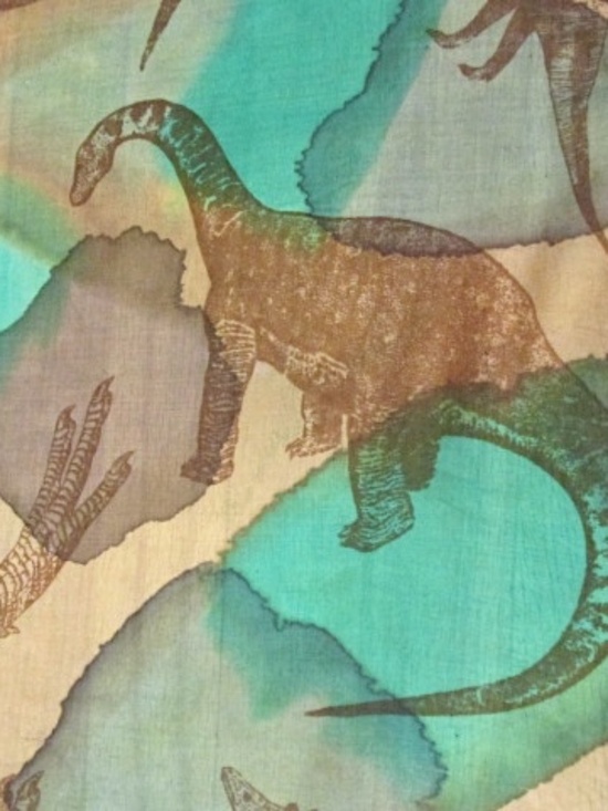 None Accessories - Green Olive Sheer Silk Scarf with Dinosaurs